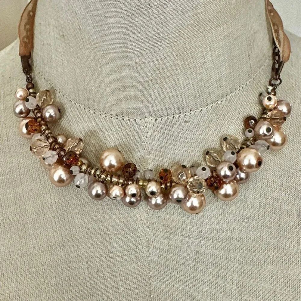 Cookie Lee Champagne faux Pearl & Crystal Cluster Necklace